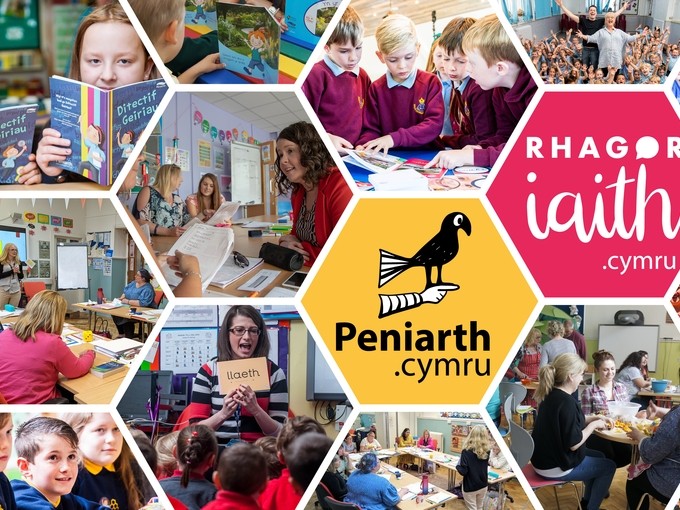 Collage of images of teaching settings in hexagon shapes with Peniarth and Rhagoriaith logos.