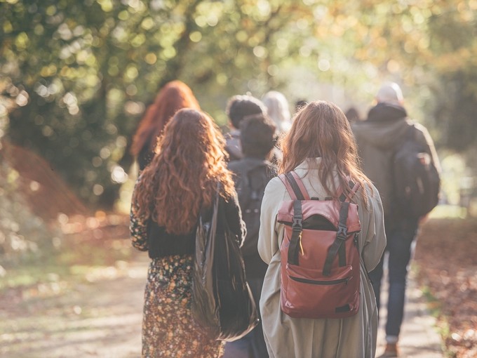 Group of students walking on a path