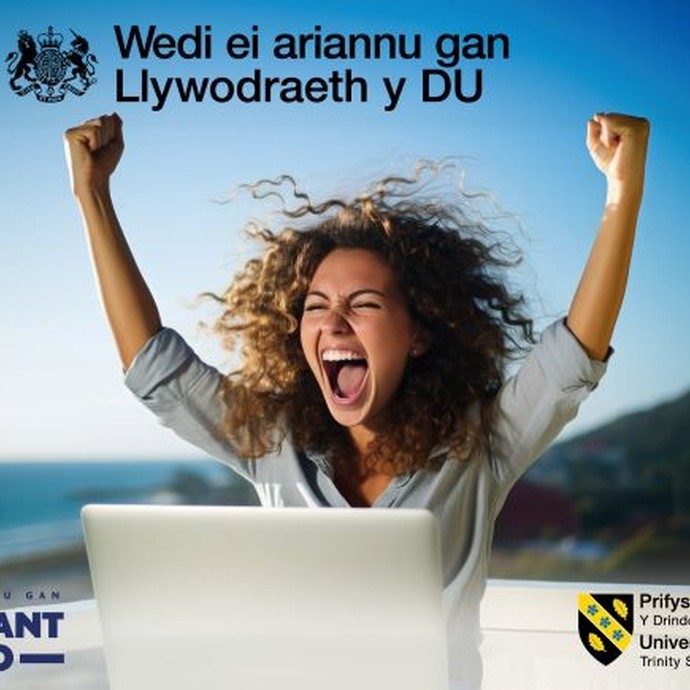 A young woman shakes her fists in the air in triumph; text reads: Funded by the UK Government; Levelling Up; Scale.