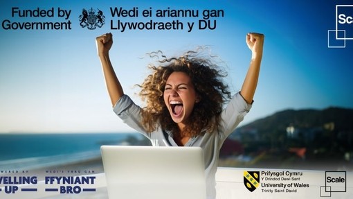 A young woman shakes her fists in the air in triumph; text reads: Funded by the UK Government; Levelling Up; Scale.